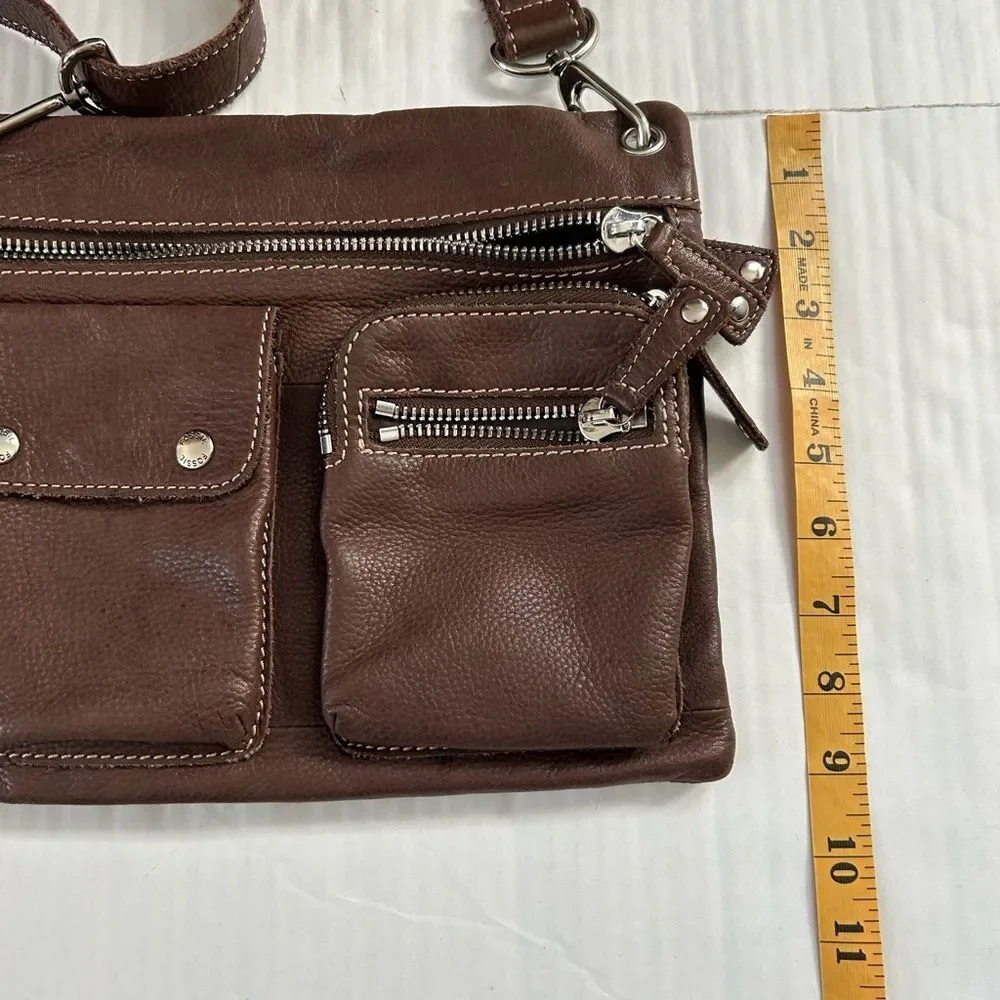 Fossil Vintage Sutter Brown Leather Shoulder Bag with Silver Accents Fossil Key